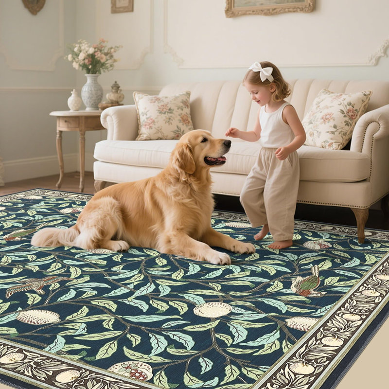 Area Rug 9x12 Washable Living Room Rugs Ultra Extra Throw Rugs for Dining Room Farmhouse Botanical Floor Carpet for Bedroom Classroom Home Dark Blue