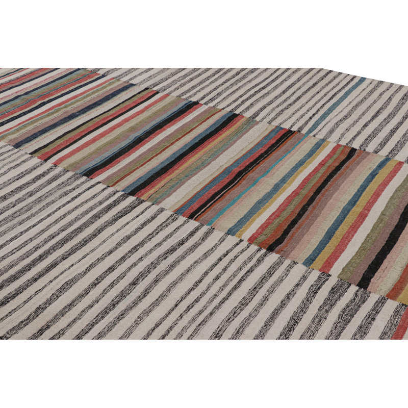 Rug & Kilim’S Contemporary Kilim In White With Polychromatic Stripes And Panels