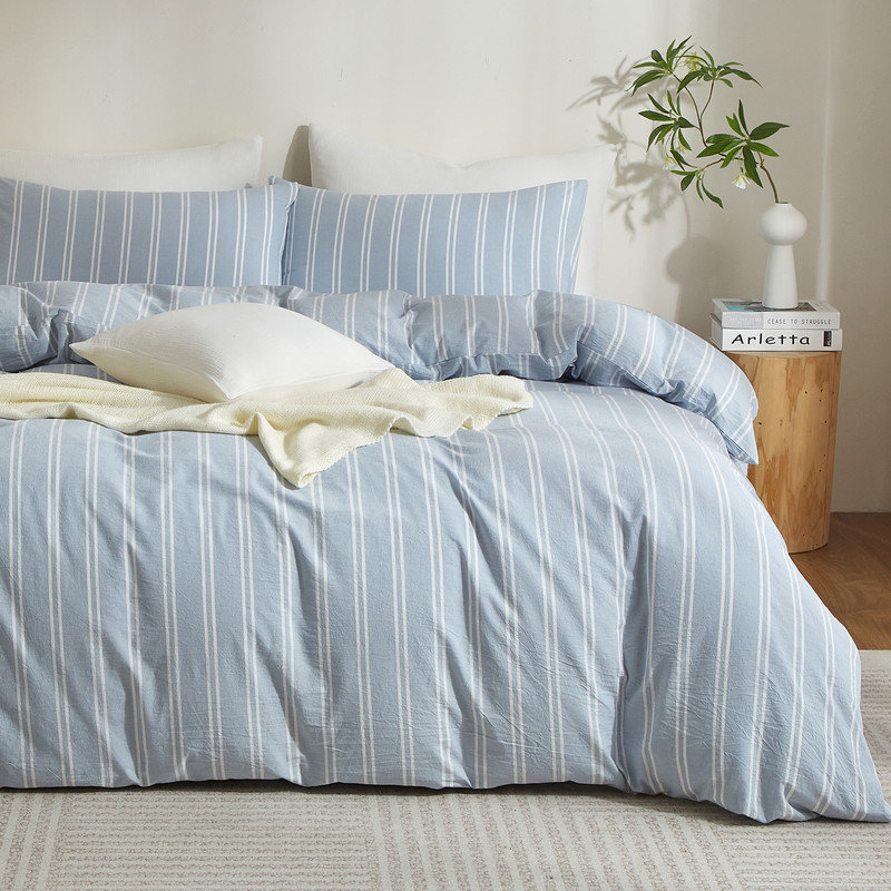 Ensemble de housse de couette à rayures 100% coton délavé 3 pièces, Housse de couette très grand et 2 taies d'oreille