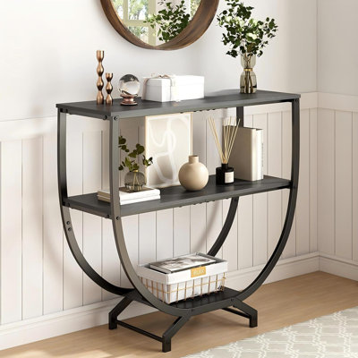 Retro Black Three-Tiered Entryway Table, 30 Inches High, With Storage Space, Industrial Style, Can Be Used As A Sofa Table Or TV Stand, Tool-Free Assembly.
