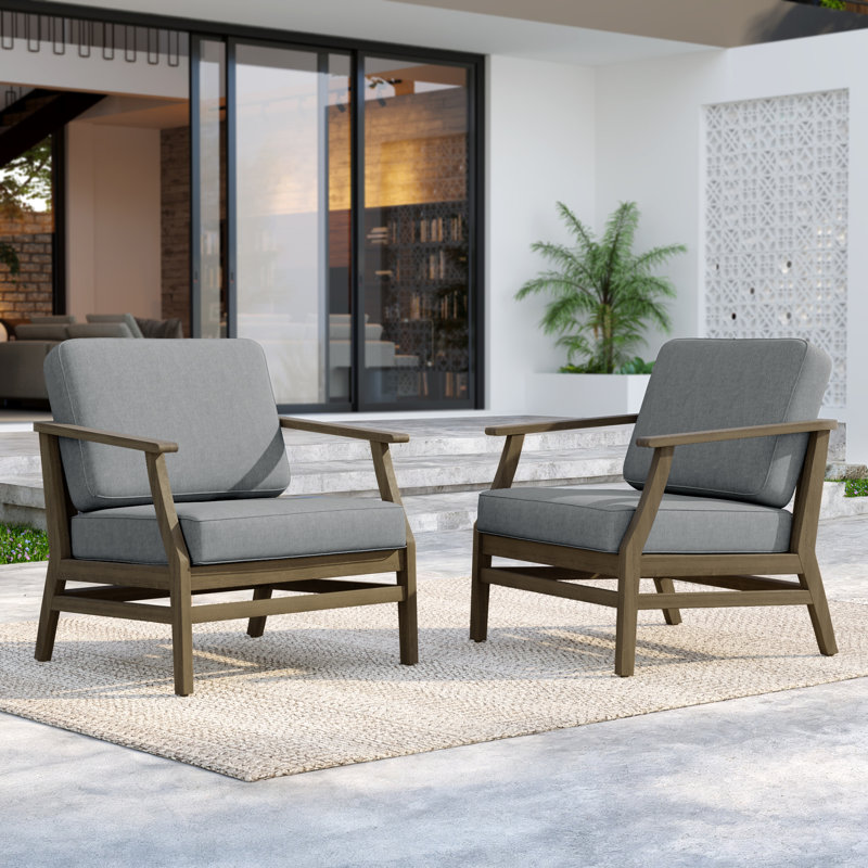 Solid Wood Teak Outdoor Lounge Chair With Cushion And Arms, Brown, Gray