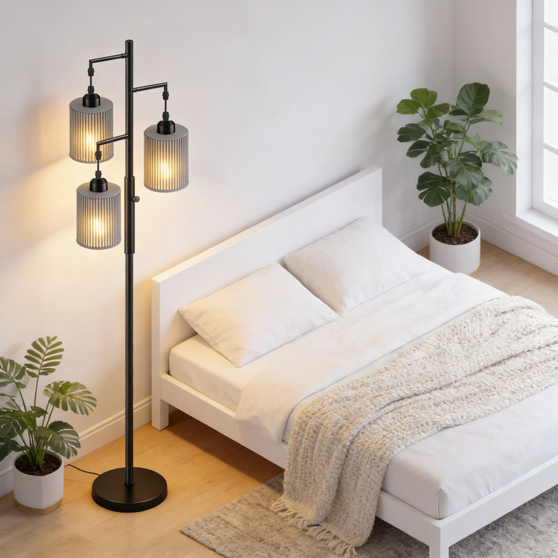72-Inch Dimmable Rattan Floor Lamp With Handcrafted Shade, Industrial Tree Design Standing Lamp For Living Room, Bedroom, And Office, Includes 3 LED Bulbs