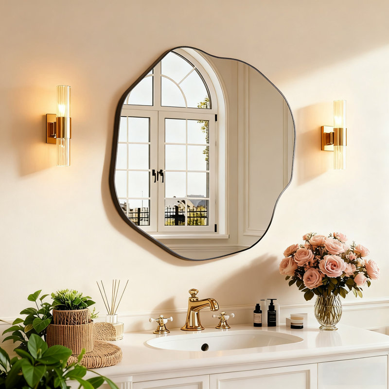 Irregular Wall Mirror, Modern Asymmetrical Metal Frame Mirror, HD Glass for Living Room, Bedroom, Bathroom – Black, 25"x28"