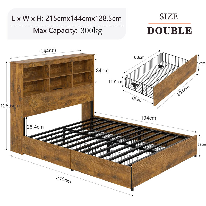 Double Bed Frame With Tall Storage Bookcase Headboard, 4 Large Storage Drawers And Charging Station, Metal Slats Support, Wood Platform Beds with Power Outlets and USB Ports