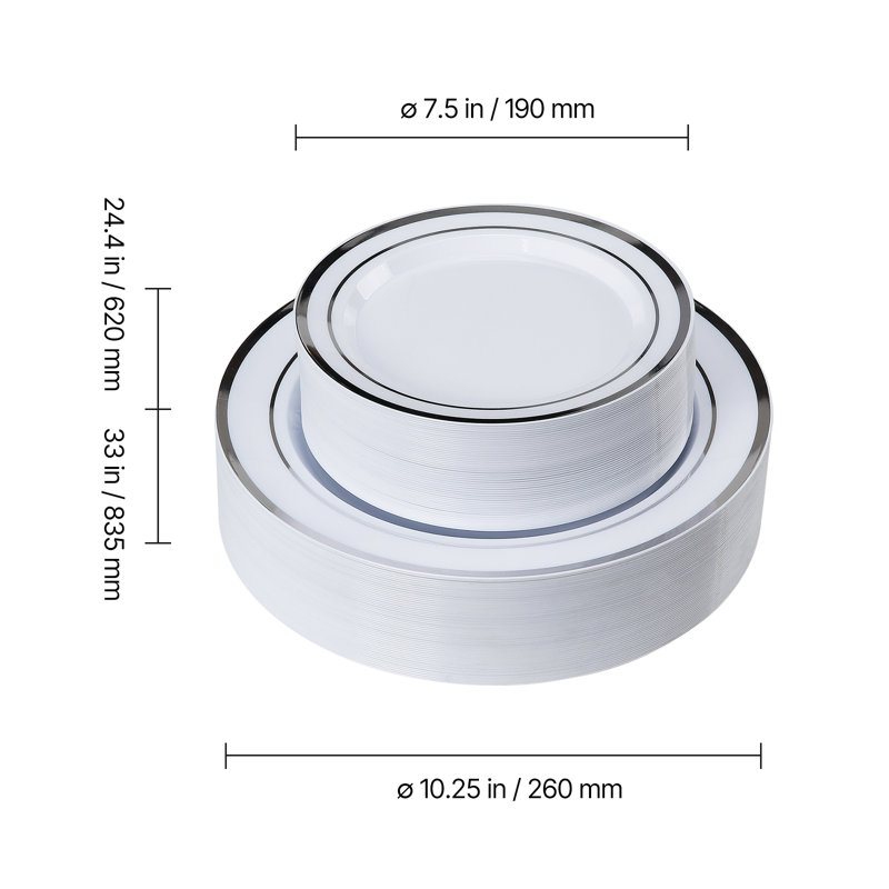 Assiettes jetables en plastique, ensemble de vaisselle en plastique 350 pièces, comprend 50 assiettes plates, 50 assiettes à dessert, 50 serviettes pré-roulées, 50 fourchettes, 50 couteaux, 50 cuillères et 50 tasses