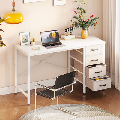 40" Reversible Computer Desk with Storage Fabric Drawers, Modern Compact Workstation,White