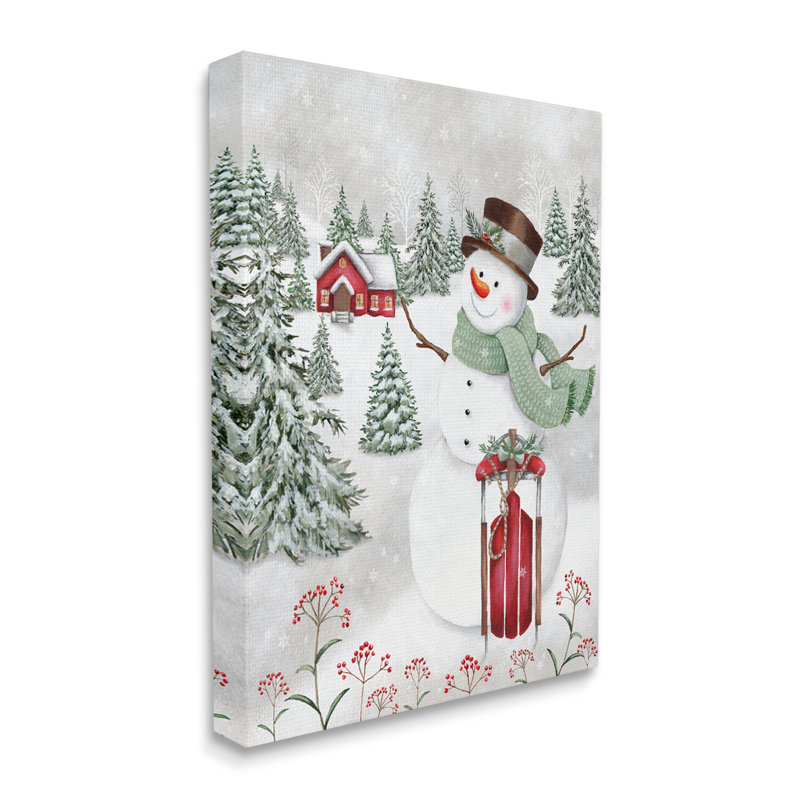 Joyeux bonhomme de neige, traîneau rouge, Holly Botanicals, estampe numérique encadrée noire, art texturé par Emma Leach