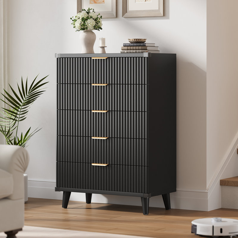 Commode à 5 tiroirs cannelés pour chambre à coucher, commode moderne de 28 po avec tiroirs profonds, organisateur de tiroir en bois pour salon, couloir, chambre de bébé, garde-robe de couloir
