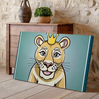 Toile, lionne ludique avec un sourire chaleureux et art mural expressif