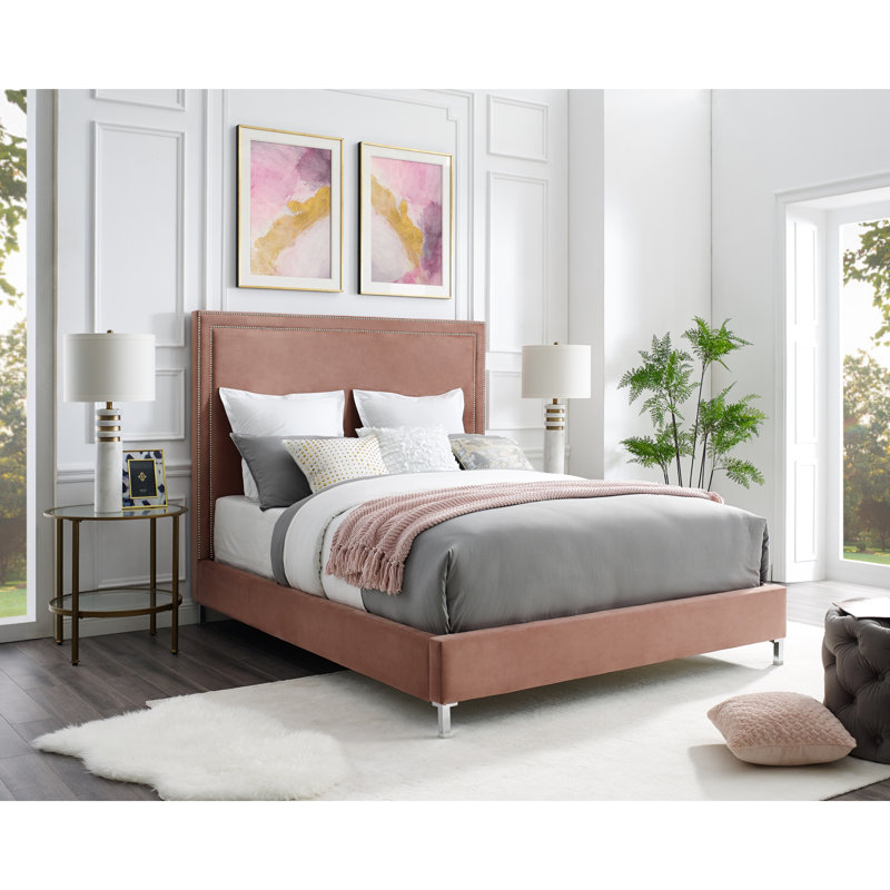 Crampton Upholstered Platform Bed, Queen, Velvet, Blush