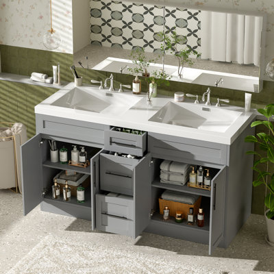 Ensemble de meuble-lavabo autoportant à double cuve 59,3 pouces avec plateau SMC intégré, armoire en panneau de fibres à densité moyenne de 15 mm peint en gris, 3 tiroirs, 4 portes à fermeture en douceur et tablettes réglables