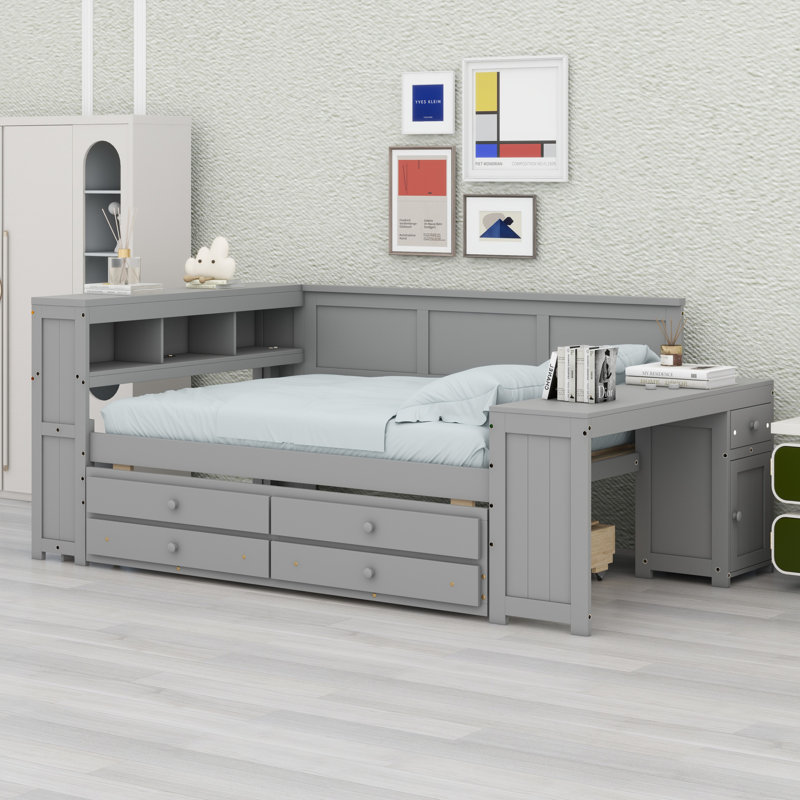Versatile Daybed Featuring Storage Shelves, Drawers, Trundle, Charging Station, LED Light, Desk And Cabinet, Gray