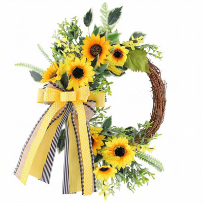 Couronne de tournesol d'automne 17,7 po avec nœud jaune et verdure - décor de porte de ferme rustique d'automne