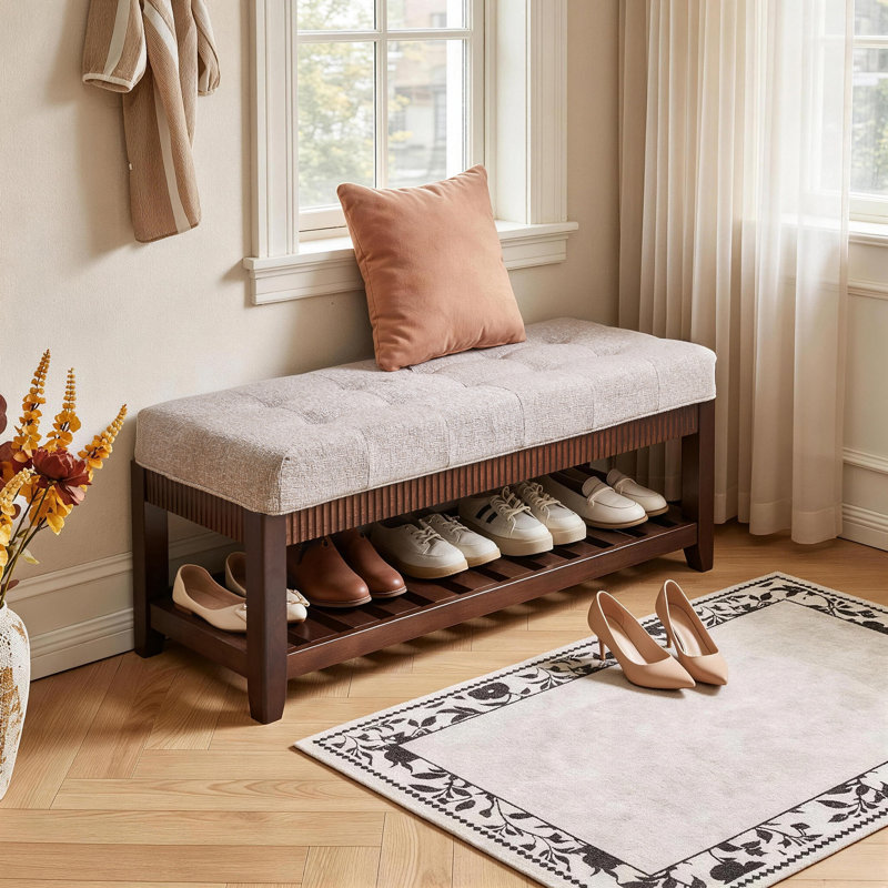 Banc de hall d'entrée en bois massif, banc à chaussures en bois d'hévéa massif avec coussin rembourré et range-chaussures inférieur, banc de rangement rembourré pour le couloir du salon