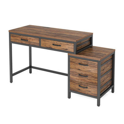 51" Reversible Computer Desk with 5 Drawers and File Cabinet, Rustic Home Office Desk with Printer Stand, Industrial Writing Table with Storage for Small Spaces, Rustic Brown