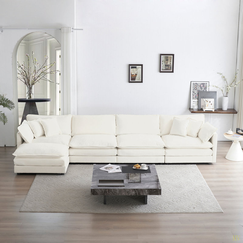 Canapé modulaire modulaire pour le salon, canapé en U convertible 5 places avec 1 repose-pieds chenille, Chenille blanche
