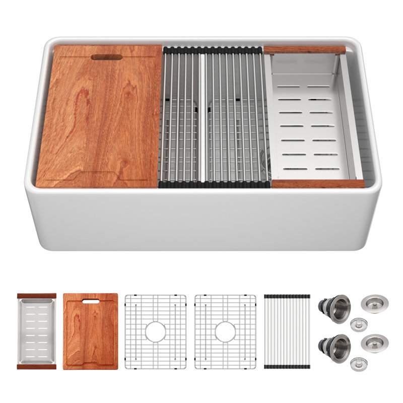 Évier de cuisine à double cuve en céramique à double cuve 50/50 avec grille d'évier, planche à découper, passoire, crépine et support à enroulement L 33 po x l 20 po