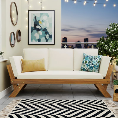 Outdoor Adjustable Wooden Patio Lounge Chair/Sofa With Comfortable Cushions, Suitable For Small Spaces. Natural Wood Grain Paired With Beige Cushions.