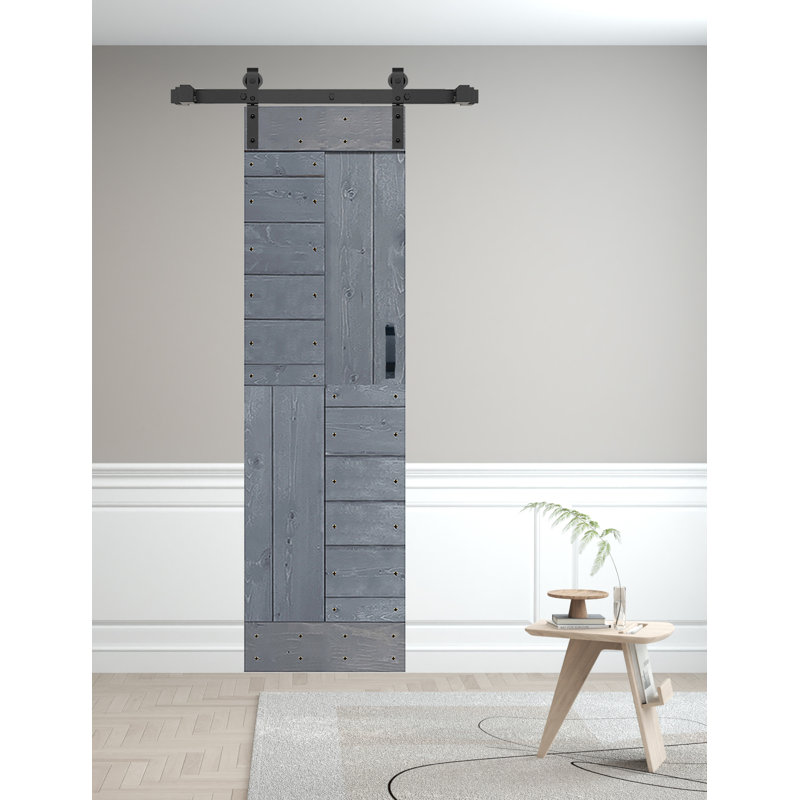 Porte à deux branches en bois massif en forme de S avec rail de quincaillerie - Assemblage requis, 30 po x 84 po, Gris foncé