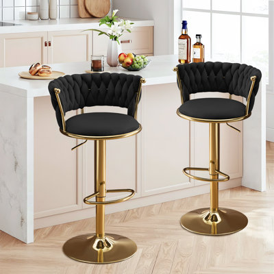 15.75" Velvet Swivel Bar Stool With Gold Frame & Footrest, Adjustable Height Princess Vanity Chair With Backrest, Soft Padded Makeup Chair For Bedroom, Salon, Kitchen Island