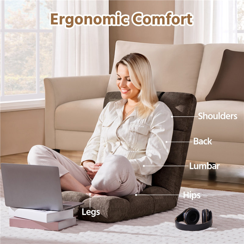 Reclining Floor Game Sofa Chair with 14 Adjustable Positions, Brown