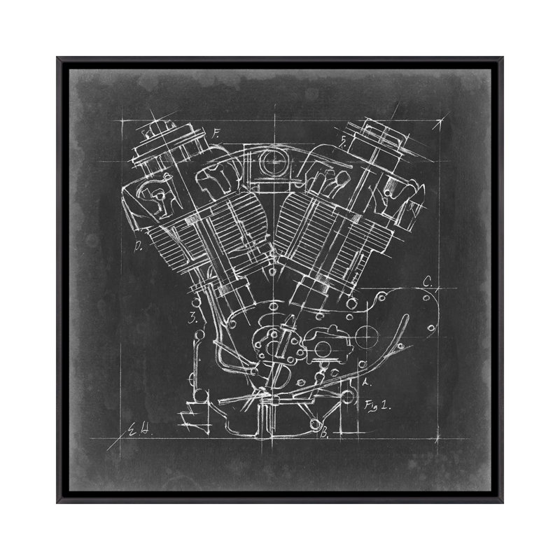 "Moto Engine Blueprint I" par Ethan Harper, reproduction d’art, H 26 po x l 26 po x P 1,5 po, Toile avec cadre noir patiné