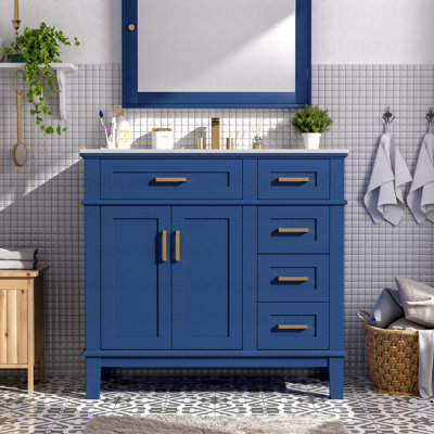 Meuble-lavabo moderne bleu 36 po avec lavabo en céramique, portes à fermeture douce, 4 tiroirs de rangement, conception élégante pour les petites salles de bain