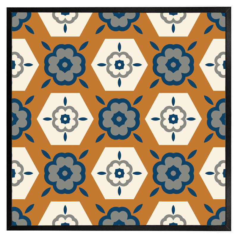 Angier Rust Orange With Gray, Navy Blue And Beige - Single Picture Frame Print, Black Framed, 31cm H x 31cm W x 4cm D
