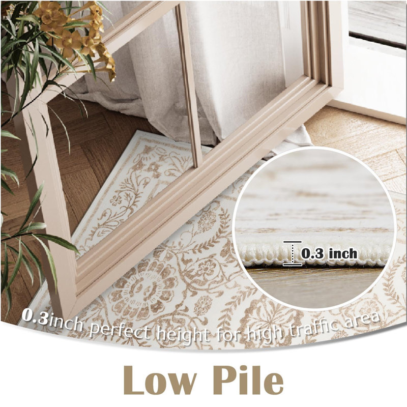 Tapis taupe lavable antidérapant Floral Vintage, Rectangulaire 8 pi x 10 pi