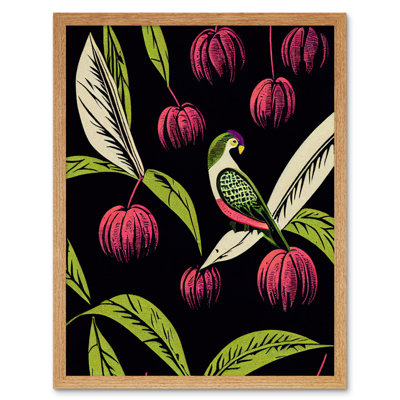 Parrot Tree Fruit Linocut Modern Vintage 1 Piece Wall Art