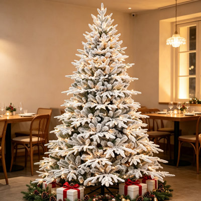 Arbre de Noël artificiel floqué pré-éclairé 5 pi, 300 lumières incandescentes blanc chaud, pin à charnières en PVC + PVC à 1419 pointes avec branches à mémoire de forme partielle, support en métal pliable pour la décoration de Noël des Fêtes