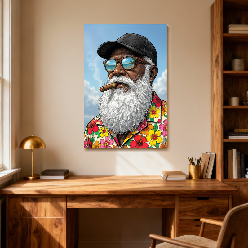 Chemise florale colorée tendance avec barbe blanche et cigare, H 12 po x l 18 po
