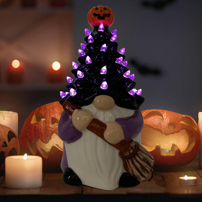 Witch Halloween Gnome, Light Up Ceramic Halloween Tree Halloween Decorations Indoor Purple Witch, Vintage Halloween Home Table Decor, Halloween Figurines For Bedroom Night Table, Gnome Gifts