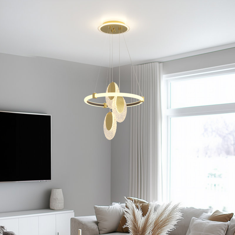 LED Ring Chandelier Lamp Ceiling Tiered Geometric Lighting With Acrylic Waterdrop Pendant, 1