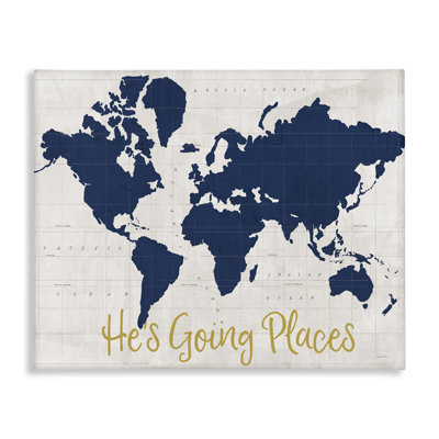 «He Going Places», carte du monde bleue par Sue Schlabach - reproduction