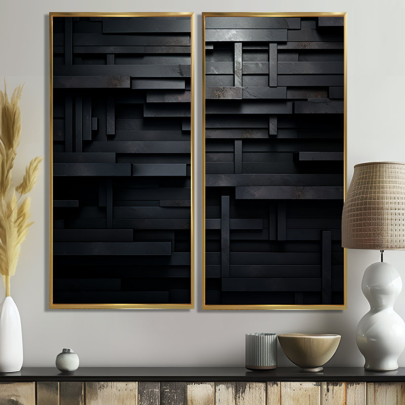 «Black Brick Cube Dimensions V», art mural abstrait géométrique, ensemble de 2 impressions sur toile, H 32 po x l 32 po, Doré