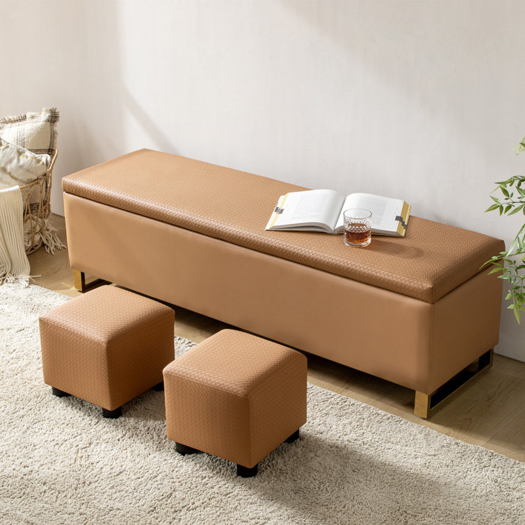 Mayowa Modern 60" Wide Storage Bench with  Two Ottomans and Diamond Weave Patterns