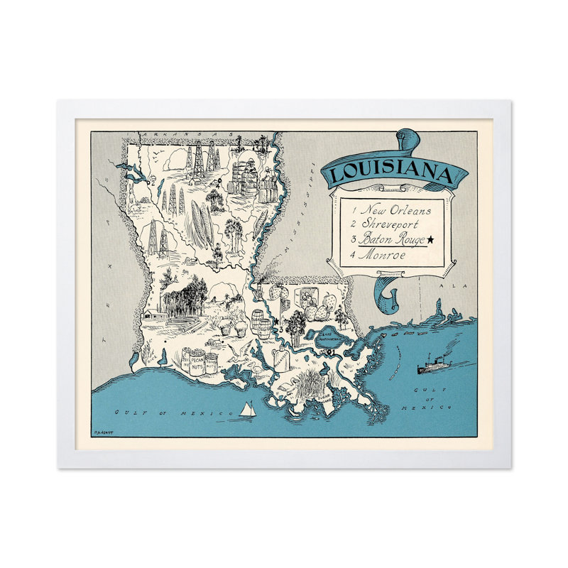 Carte illustrée de la Louisiane, H 18 po x l 24 po, Affiche, White Framed
