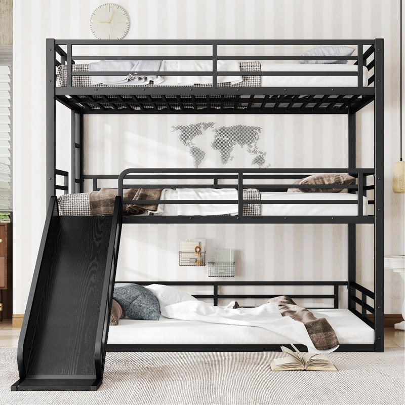 Bedroom Bed Frame, Triple Bunk Bed with Slide