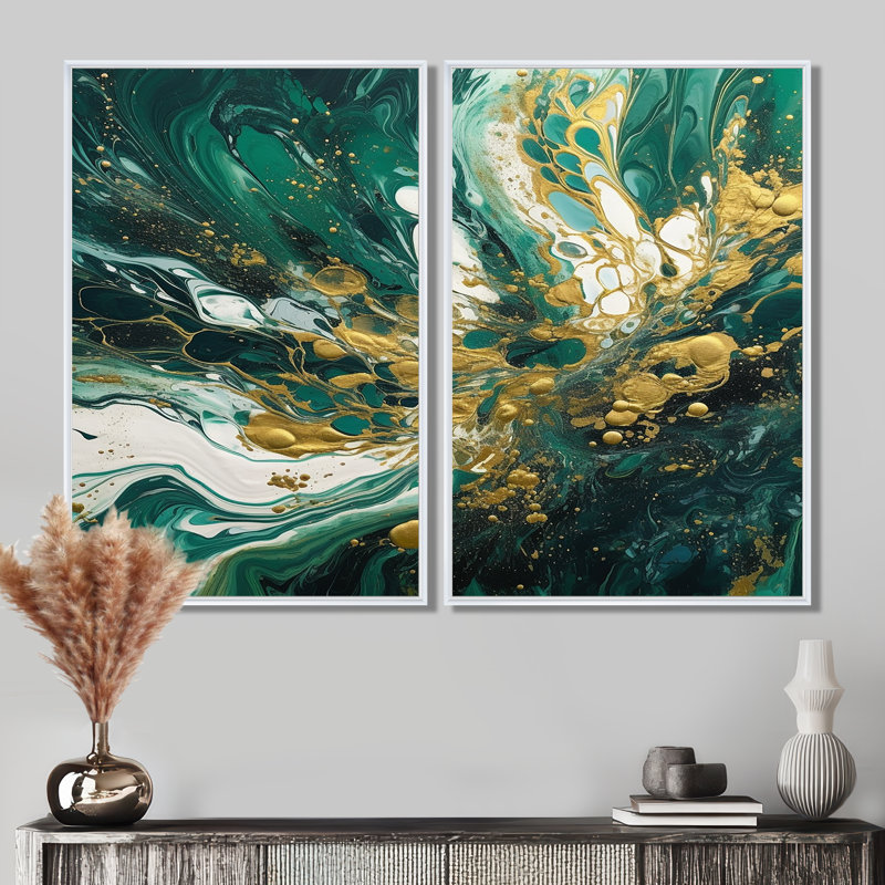 Vert et or Cascade sereine I - Art mural moderne 2 panneaux, 36" H x 48" W, Impression encadrée flottante, White