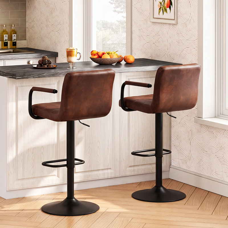   High Back Faux Leather Adjustable Swivel Counter Bar Stools, Red Brown