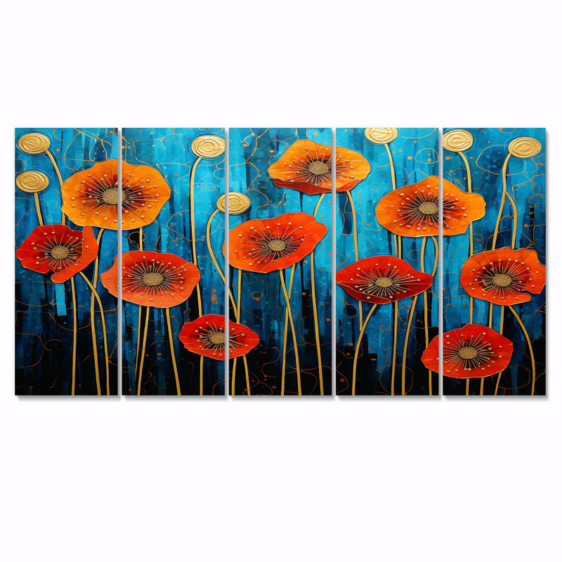«Red Poppies Magical Night - Art mural coquelicot pour le salon», 5 pièces, H 28 po x l 60 po