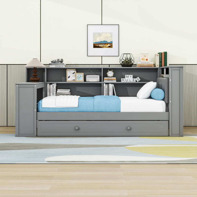 Versatile Daybed with Upholstered Headboard, Trundle, Built-in Desk and LED Lighting, Gray, Twin