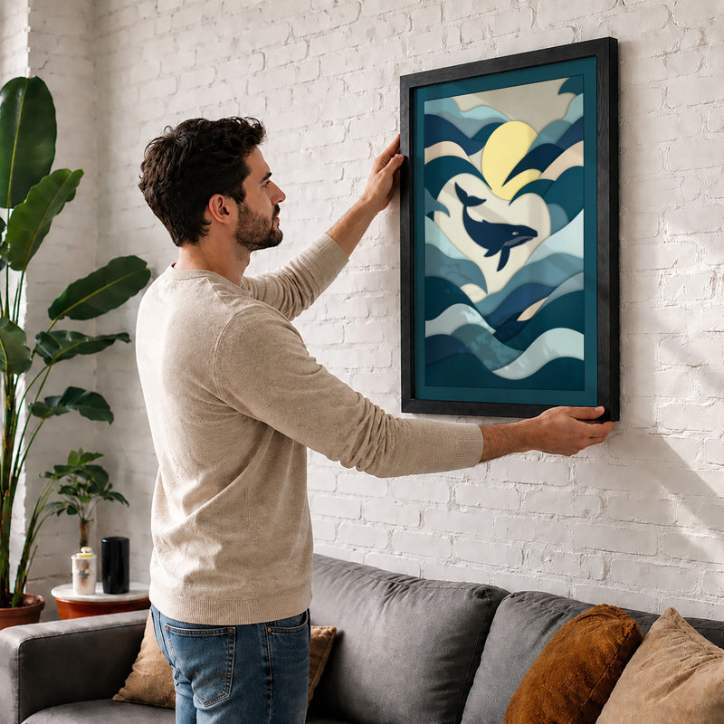 Whale in Motion Coastal - Framed Print, A1 - 84.1 x 59.4 cm, Black