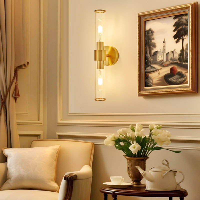 20" Modern Rechargeable Wall Sconces With Remote & Bulbs (Set of 2), Brushed Gold
