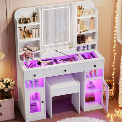 Bureau de meuble-lavabo avec miroir à DEL et lumières, meuble-lavabo à plateau en verre avec armoires en verre RVB, coiffeuse avec tiroirs, tablettes de rangement et tabouret pour la chambre à coucher