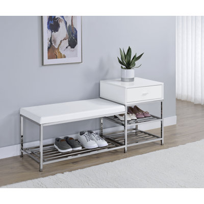 Banc de rangement pour chaussures à 1 tiroir Siega - blanc brillant et chrome