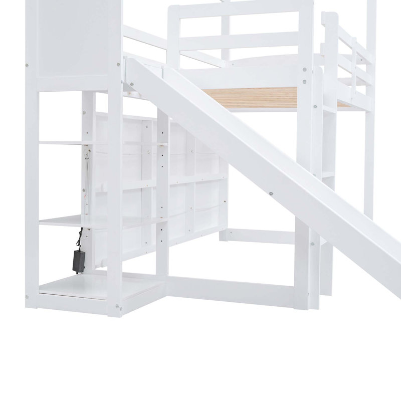 Lit mezzanine en bois avec glissade, tablettes de rangement et lumière, Blanc