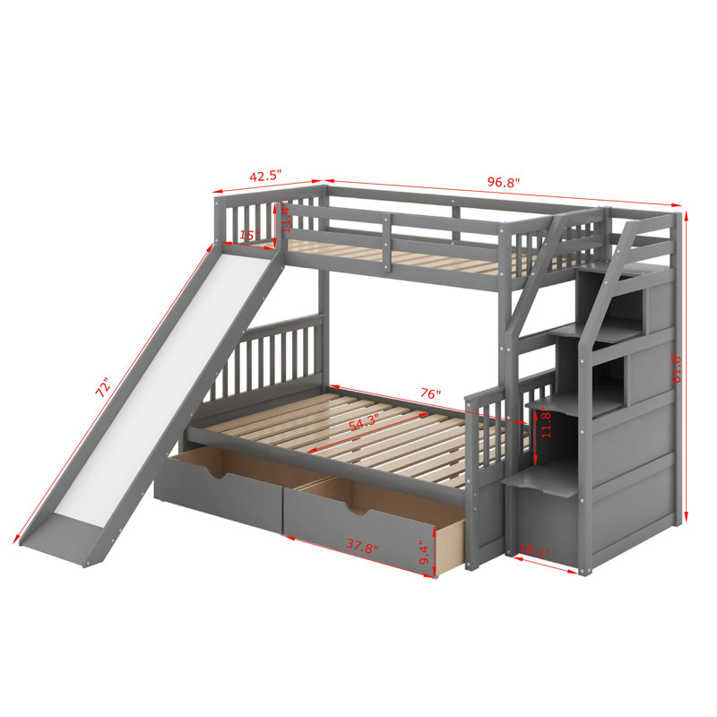 Twin Over Full Bunk Bed With Drawers And Slide, Gray