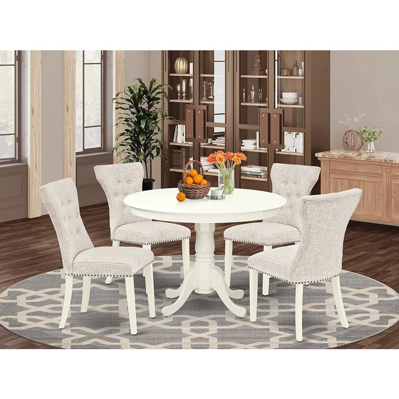 Ensemble de table de salle à manger 5 pièces comprenant une table de salle à manger ronde avec piédestal et 4 chaises Parsons en tissu de lin, blanc lin